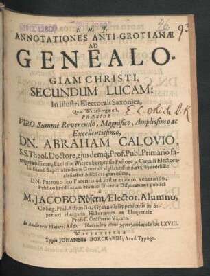 Annotationes Anti-Grotianae Ad Genealogiam Christi, Secundum Lucam