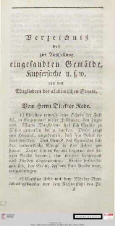 Verzeichnis der zur Ausstellung eingesandten Gemälde, Kupferstiche u.s.w.