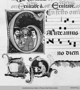 Chorbuch : Buchseite mit vierzeiligen Neumen, Text und historisierter Initiale G (?) mit drei Aposteln