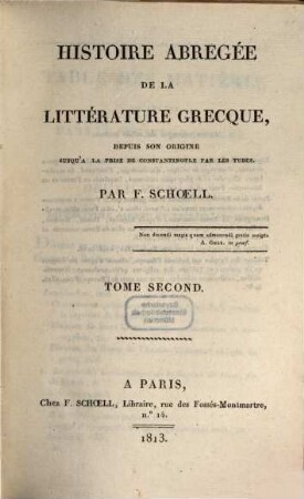 Histoire abrégée de la littérature grecque, P. 2 (1813)