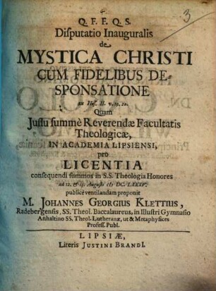 Disputatio inauguralis de mystica Christi cum fidelibus desponsatione