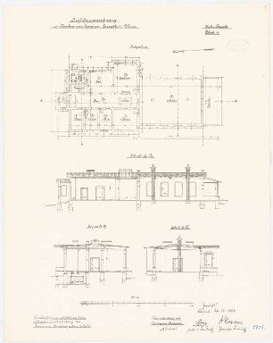 Garnisonslazarett, Worms: Isolierbaracke: Grundriss Erdgeschoss, Längsschnitt, Querschnitte 1:100