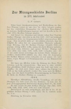 Zur Münzgeschichte Berlins im XVI. Jahrhundert