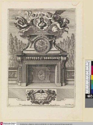 [Kaminentwurf vor einer Gartenanlage, bekrönt mit zwei Engeln, die eine weibliche Büste mit einer Lorbeerkranz krönen; Cheminée ornée d'une Assomption dans un médaillon et surmontée d'un buste de la Vierge couronné par deux anges]