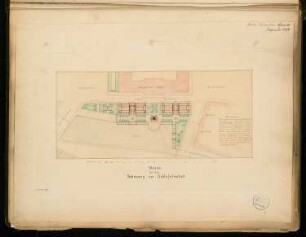 Umgestaltung der Schlossfreiheit, Berlin Monatskonkurrenz September 1874: Lageplan mit Grundriss; Maßstabsleiste, Erläuterungstext
