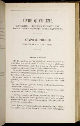 Livre Quartrième. Continuité. Fonction Exponentielle. Logarithmes Considérés comme Exposants.