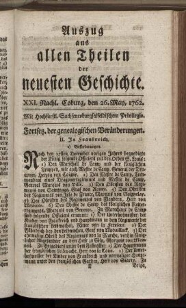 XXI. Nachl. Coburg, den 26. May, 1762.