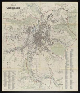 Plan von Chemnitz , 1: 10 000, Lithographie, 1906 : Plan von Chemnitz / bearb. v. Stadtbauamt. - 9. Aufl. - 1:10 000. - Leipzig : Giesecke u. Devrient, 1906. - 1 Kt. : mehrfarb. Lithogr. ; 87 x 109 cm. - Mit Straßenverz. und Gebäudekennung