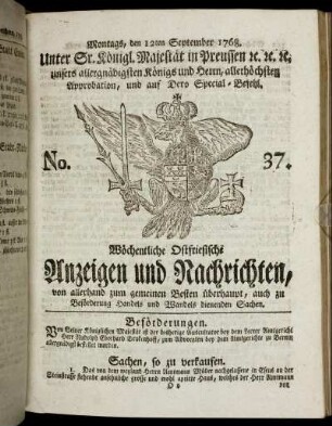 No. 37. Montags, den 12ten September 1768.