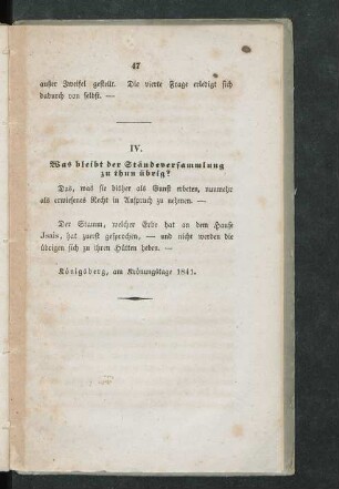 IV. Was bleibt der Ständeversammlung zu thun übrig?