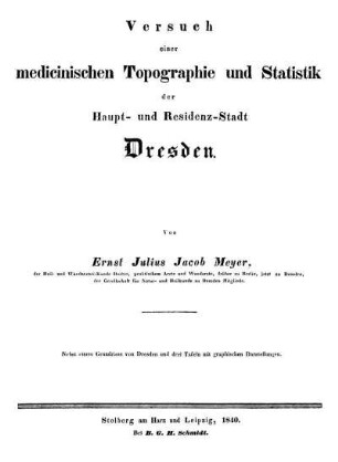 Versuch einer medicinischen Topographie und Statistik der Haupt- und Residenz-Stadt Dresden : ... nebst einem Grundrisse von Dresden und drei Tafeln mit graphischen Darstellungen