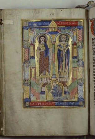 Ratmann-Sakramentar — Stifterbild mit den Heiligen Michael und Bernward, Folio fol. 111v