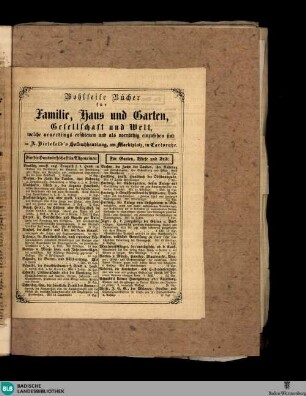Karlsruher Tagblatt, Wohlfeile Bücher für Familie, Haus und Garten, Gesellschaft und Welt, welche neuerdings erschienen und als vorräthig einzusehen sind...