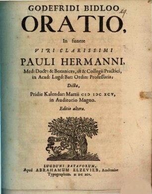 Godofredo Bidloo Oratio in funere viri clarissimi Pauli Hermanni