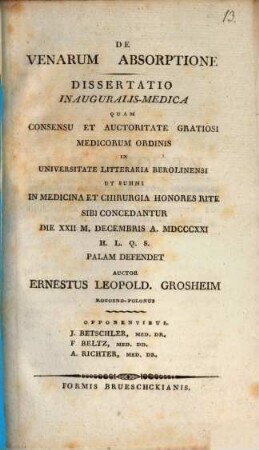 De venarum absorptione : Diss. inaug. med.