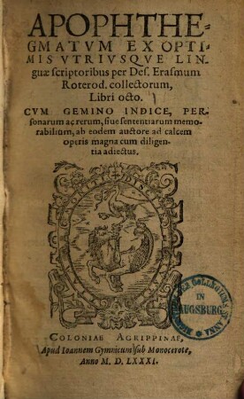 Apophthegmatvm Ex Optimis Vtrivsqve linguae scriptoribus