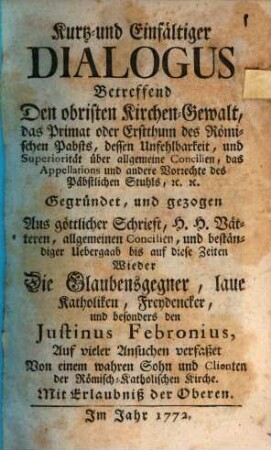 Kurtzer Dialogus betreffend obristen Kirchen-Gewalt