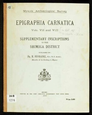 Shimoga district : vols. VII and VIII supplementary discriptions