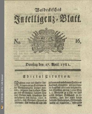 No. 16, Dienstag den 17. April 1781