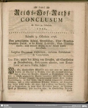 Reichs-Hof-Raths Conclusum de Dato 9. Octobris 1756