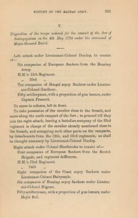 Y. Dispostition of the troops ordered for the assault of the fort of Seringapatam ...