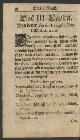 Das III. Capitel. Von denen Verbis Irregularibus und Anomalis.
