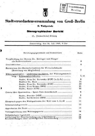 Nr. 21, 14. Juli 1949, Ordentliche Sitzung