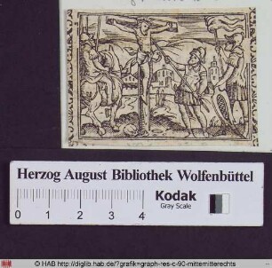 Christus am Kreuz, dem die Seitenwunde zugefügt wird.