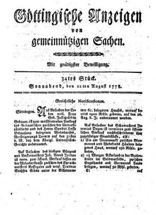 34tes Stück. Sonnabend, dn 22ten August 1778.