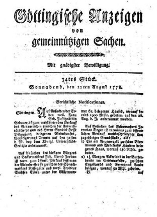 34tes Stück. Sonnabend, dn 22ten August 1778.