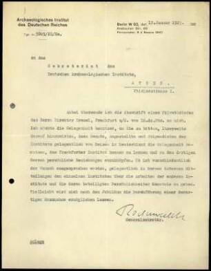 G. Rodenwaldt an DAI Athen