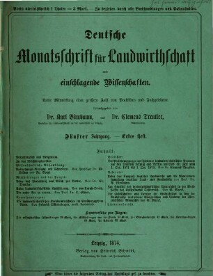 Deutsche Monatsschrift für Landwirthschaft und einschlagende Wissenschaften, 5. 1874