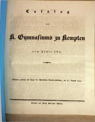 Catalog des K. Gymnasiums zu Kempten. 1833/34