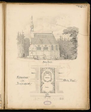 Erbbegräbnis, Langhelwigsdorf Monatskonkurrenz August 1884: Lageplan 1:300, Aufriss Seitenansicht 1:75; 2 Maßstabsleisten