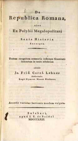 De Republica Romana sive ex Polybii Megalopolitani sexta historia excerpta