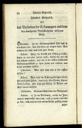 Fünftes Gespräch, über das Verhalten der Schwangern und dem bei mancherley Vorfallenheiten nöthigen Rath.