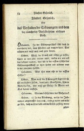 Fünftes Gespräch, über das Verhalten der Schwangern und dem bei mancherley Vorfallenheiten nöthigen Rath.
