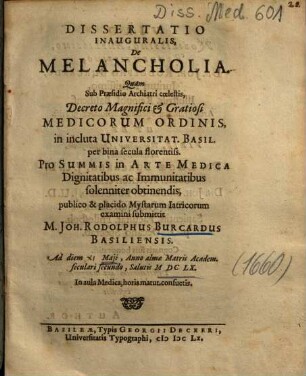 Dissertatio Inauguralis, De Melancholia