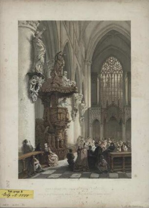 Ansicht der Kanzel in Sankt Gudula in Brüssel, Farblithografie, um 1857 : Chaire a prêcher dans l'Eglise de Ste. Gudule a Bruxelles = Kanzel in der St. Gudula Kirche, Brüssel = Pulpit in Ste. Gudule's Church, Brussels / F. Stroobant del. et lith.. C. Mucquardt éditeur. - Bruxelles : Muquardt , [ca. 1857]. - 1 Kunstbl. : Farblithogr. ; 22 x 31 cm