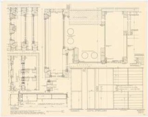 Arzthaus Prof. Bernhardt, Berlin-Charlottenburg: Einbaumöbel - Grundriss, Ansicht 1:10, Detailschnitte 1:1