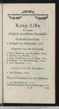 Rang-Liste der jetzigen königlich preussischen Generalität