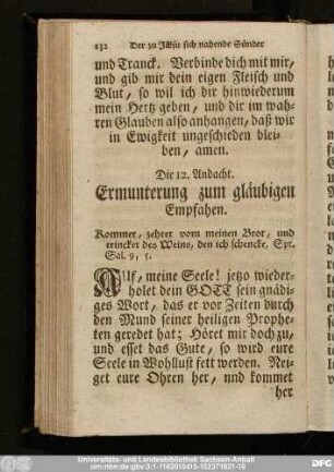 Die 12. Andacht. Ermunterung zum gläubigen Empfahen.