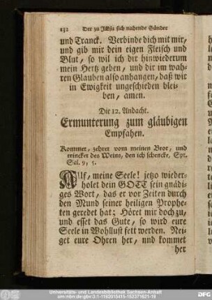 Die 12. Andacht. Ermunterung zum gläubigen Empfahen.