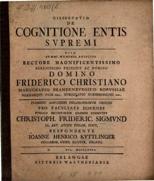 Dissertatio de cognitione entis svpremi : qvam ... pvblico ervditorvm examini