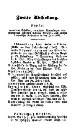 Zweite Abtheilung. Register namenloser Schriften, vermischter Sammlungen oder gesammelter Schriften mehrerer Verfasser, auch einiger litterarischen Nachrichten in dem Jahre 1848.