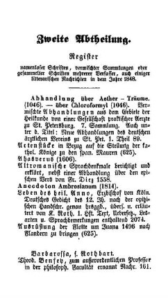 Zweite Abtheilung. Register namenloser Schriften, vermischter Sammlungen oder gesammelter Schriften mehrerer Verfasser, auch einiger litterarischen Nachrichten in dem Jahre 1848.