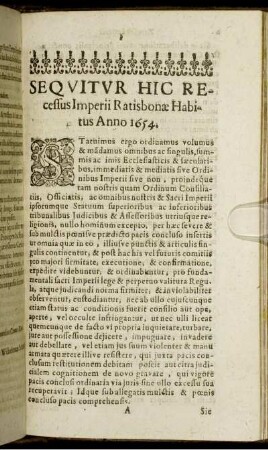 Sequitur Hic Recessus Imperii Ratisbonae Habitus Anno 1654