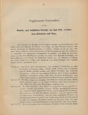 Supplement-Convention zu dem Handels- und Schifffahrts-Vertrage von Juni 1858, zwischen Gross-Brittanien und China.