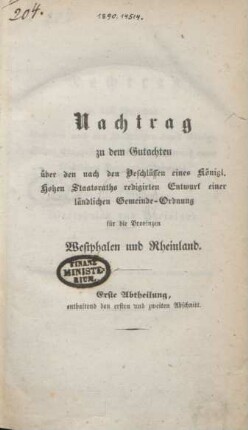 Erste Abtheilung, enthaltend den ersten und zweiten Abschnitt