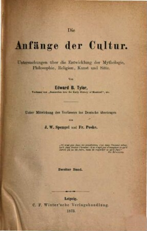 Die Anfänge der Cultur : Untersuchungen über die Entwicklung der Mythologie, Philosophie, Religion, Kunst und Sitte, 2